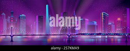 Moderno sfondo vettoriale di megapolis con treno proiettile sul ponte sul fiume. Veicoli ferroviari veloci ed edifici luminosi di colore viola. Grattacieli urbani dai colori neon, esterni della città. Sfondo megapolis al neon vettoriale con treno ad alta velocità Illustrazione Vettoriale