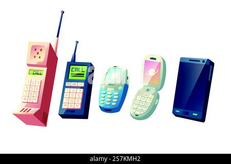 Concetto vettoriale cartoni animati evoluzione dei telefoni cellulari. Generazioni di telefoni cellulari, dai modelli vintage con tastierini numerici fisici e antenne retrattili ai moderni dispositivi intelligenti con illustrazione touchscreen. Concetto vettoriale cartoni animati evoluzione dei telefoni cellulari Illustrazione Vettoriale
