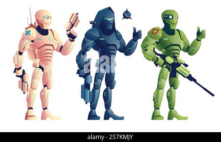 Futuri soldati robotici, pistole armate cyborg, sabotatore con fucile ed esplosivo, cecchino con personaggi vettoriali cartoni isolati su sfondo bianco. Set di illustrazioni delle unità sparatutto. Fantasy cyborg Armed Warriors Cartoon Vector Set Illustrazione Vettoriale