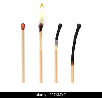 Set di corrispondenze realistiche: Bruciatura, con fiamma o combustione isolata su sfondo bianco. Collezione di fiammiferi in legno. illustrazione vettoriale 3d. Set di corrispondenze realistiche: Bruciatura, con fiamma o combustione isolata su sfondo bianco Illustrazione Vettoriale