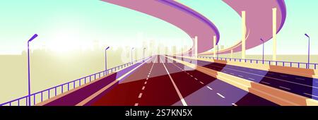 Autostrada a due corsie vuota, moderna superstrada con barriera mediana, cavalcavia o ponte sopra che conduce alla metropoli sul vettore dei cartoni animati all'orizzonte. Illustrazione dell'elemento infrastruttura della rete di trasporto urbano. Moderna metropoli veloce autostrada vettore cartoni animati Illustrazione Vettoriale