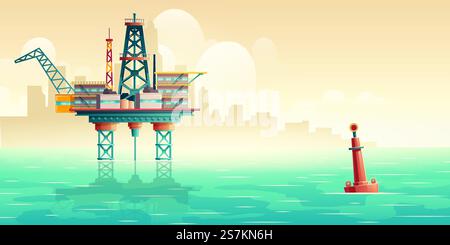 Piattaforma petrolifera in mare aperto. Estrazione di petrolio, industria della produzione di combustibile, carro di perforazione offshore nell'oceano con skyline della metropoli, sagome dei grattacieli nella nebbia mattutina illustrazione vettoriale dei cartoni animati, copyspace. Piattaforma di estrazione del petrolio nel vettore di cartoni animati marini Illustrazione Vettoriale