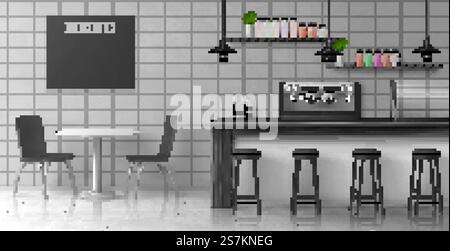 Interni della caffetteria in stile loft con sgabelli vicino alla scrivania del bar, macchina per il caffè, vetrina in vetro, lampade a sospensione, bottiglie sugli scaffali, menu lavagna, tavolo, sedie illustrazione vettoriale realistica 3d. Moderno bar con interni in stile loft Illustrazione Vettoriale