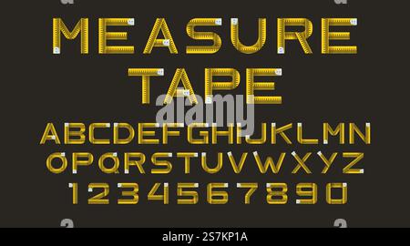 Metro a nastro, tipo isolato su sfondo nero. Alfabeto da righello giallo. Font vettoriale con lettere e numeri per il concept design dell'istruzione scolastica, dell'architettura o del fitness. Alfabeto vettoriale dal nastro di misurazione giallo Illustrazione Vettoriale