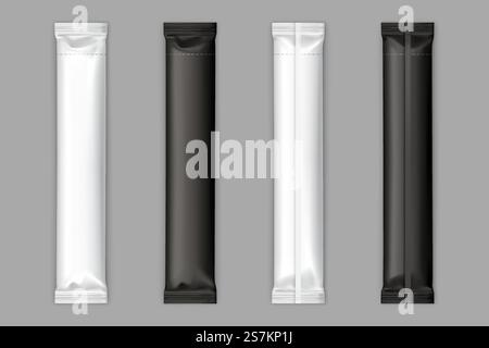Sacchetti vuoti in plastica, foglio di alluminio o polietilene in bianco e nero con linea strappata per il confezionamento di zucchero, caffè istantaneo o tavoletta di cioccolato sul retro, vista frontale isolata, set di illustrazioni vettoriali realistiche 3D. Bustina di zucchero bianca e nera che attacca il mockup vettoriale Illustrazione Vettoriale