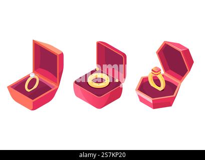 Matrimonio, anello in oro di fidanzamento, pietra preziosa intarsiata, diamante o rubino in cassa rossa aperta isolato, set vettoriale isometrico. Anniversario, festa di san valentino regalo prezioso, illustrazione regalo romantico. Fedi nuziali in casi di lusso vettoriali isometrici Illustrazione Vettoriale