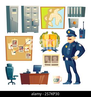 Stazione di polizia, dipartimento investigativo speciale, mobili da lavoro investigativi privati ed elementi di design degli interni, personaggio dell'agente di polizia in uniforme isolato, set di illustrazioni vettoriali dei cartoni animati. Set vettoriale cartoni animati elemento interno della stazione di polizia Illustrazione Vettoriale
