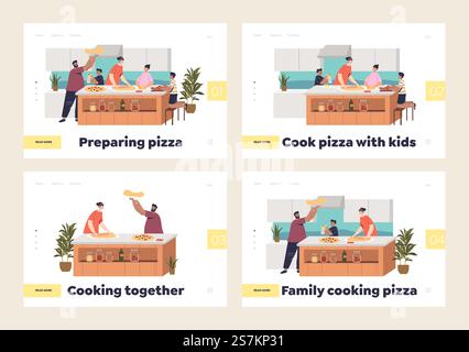 Pizza a casa per famiglie concetto di serie di landing page con i cartoni animati, i genitori e i bambini cucinano cibo, cena, pasto italiano insieme. Illustrazione vettoriale piatta. Cucina la pizza a casa in famiglia concetto di serie di landing page con i genitori dei cartoni animati e i bambini cucinano Illustrazione Vettoriale