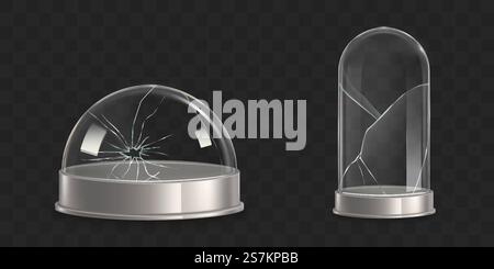 Lobo vuoto rotto, cupola di vetro, vaso a campana danneggiato, vettore realistico 3d isolato su sfondo trasparente. Mostra museo in frantumazione, copertura antipolvere e set di illustrazioni in vetrina. Lobo d'acqua rotto, vaso a campana di vetro vettore realistico Illustrazione Vettoriale