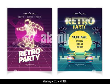 Festa di musica retrò, evento di ballo in discoteca, esibizione di DJ in discoteca cartellone vettoriale cartoni animati, volantino, modello di pagine di opuscoli pubblicitari. Spaceman su tavola da surf, futuristica illustrazione cyberpunk per auto. Festa rétro nel modello vettoriale dell'opuscolo del nightclub Illustrazione Vettoriale