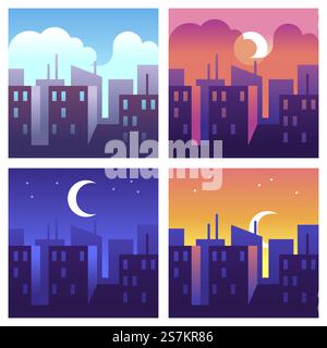 Orari dei giorni della città. Mattina e mezzogiorno, paesaggio urbano serale e notturno, edifici e grattacieli in orari diversi, moderno concetto di paesaggio urbano, illustrazioni vettoriali di cartoni animati in stile piatto. Orari dei giorni della città. Mattina e mezzogiorno, paesaggio urbano serale e notturno, edifici e grattacieli in orari diversi, concetto di paesaggio urbano, illustrazioni vettoriali in stile piatto Illustrazione Vettoriale