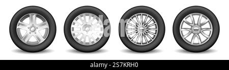 Set di cerchi di ricambio per auto con dischi lucidi in lega e pneumatici protettivi in gomma. Ruota di trasporto e concetto di regolazione. Illustrazione vettoriale 3d realistica. Set di cerchi di ricambio per auto con dischi in lega e pneumatici in gomma protettivi. Ruota di trasporto e regolazione Illustrazione Vettoriale