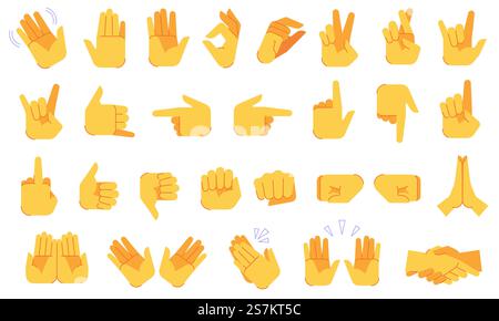 Gesti delle mani con emoji. Mani diverse segnali e segni, ok e vittoria, pace e stretta di mano, applausi, simboli dei gesti icone vettoriali impostate per la comunicazione o la chat sui social network. Gesti delle mani con emoji. Segnali e segnali di mani diverse, ok e vittoria, pace e stretta di mano, applausi, simboli di gesto, icone vettoriali Illustrazione Vettoriale
