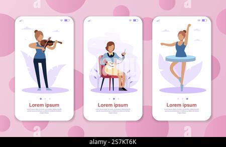 Ragazze hobby. Concetto di carriera per l'applicazione mobile, il sito Web o la pagina Web, lo schermo dello smartphone. La ragazza suona il violino, le donne ricamate e le ballerine. Set di vettori piatti cartoni animati. Ragazze hobby. Concetto di carriera di raggiungimento per app mobile, pagina Web. La ragazza suona il violino, le donne ricamate e le ballerine. Set di vettori piatti cartoni animati Illustrazione Vettoriale