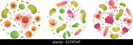 Batteri e germi in cerchio. Batteri, cellule di malattia e germi in cornice rotonda. Serie di illustrazioni vettoriali cartoni animati sulle malattie umane. Biologia batterica, virus batterico, infezione da microrganismi. Batteri e germi in cerchio. Batteri, cellule di malattia e germi in cornice rotonda. Serie di illustrazioni vettoriali cartoni animati sulle malattie umane Illustrazione Vettoriale