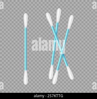 Batuffoli di cotone realistici per cosmetici o medicinali. Bastoncino in lana per la pulizia della cera su sfondo trasparente. Concetto di igiene e assistenza sanitaria. illustrazione vettoriale 3d. Batuffoli di cotone realistici per cosmetici o medicinali. Bastoncino in lana per la pulizia della cera Illustrazione Vettoriale