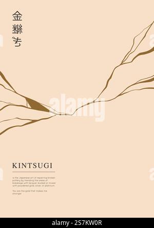 Poster Gold kintsugi crack. Arte giapponese di riparare le ceramiche rotte. Filosofia asiatica per riparare le cose rotte. Design di stampa minimalista per arredare la casa. Illustrazione vettoriale Illustrazione Vettoriale