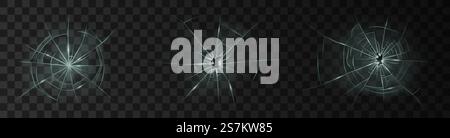 Vetro incrinato. Finestra rotta, superficie vetrata frantumata e struttura del vetro del parabrezza a rottura realistica set 3d o icone su sfondo trasparente. Illustrazione vettoriale. Vetro incrinato. Finestra rotta, superficie vetrata frantumata e struttura in vetro del parabrezza in 3d. Illustrazione Vettoriale