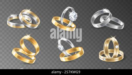 Set realistico di anelli metallici placcati oro e argento per matrimoni in 3d brillanti. Coppie di anelli su sfondo trasparente isolati. Illustrazione vettoriale. Set realistico di anelli metallici placcati oro e argento per matrimoni in 3d brillanti Illustrazione Vettoriale