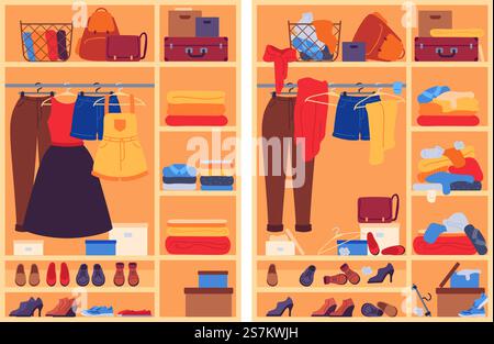 Vestiti disordinati nel guardaroba. Armadio a vista con scarpe e accessori disordinati, guardaroba prima e dopo l'organizzazione, concetto vettoriale. Armadio a muro e armadio disordinato. Vestiti disordinati nel guardaroba. Armadio a vista con scarpe e accessori disordinati, guardaroba prima e dopo l'organizzazione, concetto vettoriale Illustrazione Vettoriale
