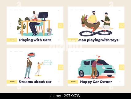 Set di landing page con gli uomini amano il concetto di auto e personaggi cartoni animati felici che giocano con veicoli giocattolo, acquistano o sognano l'automobile sullo sfondo del modello. Illustrazione vettoriale piatta. Pagine di destinazione con gli uomini amano il concetto di auto e cartoni animati felici giocano con veicoli giocattolo, acquistano auto Illustrazione Vettoriale