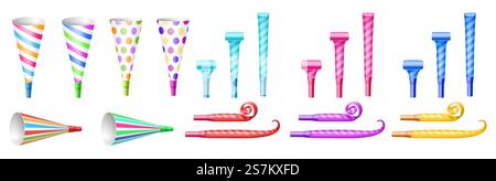 Set di fischietti diversi: Corni di carta e soffiatori di tubi. Collezione di articoli colorati per festeggiare l'anno nuovo o il compleanno. Illustrazione vettoriale realistica. Set di fischietti diversi: Corni di carta e soffiatori di tubi. Collezione di articoli colorati Illustrazione Vettoriale