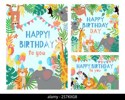 Cartoni animati, biglietto per gli animali di buon compleanno. Biglietti di congratulazioni con simpatici safari o feste con animali della giungla nel set di illustrazioni vettoriali della foresta tropicale. Tessera di congratulazioni, felicità africa animali incorniciano. Cartoni animati, biglietto per gli animali di buon compleanno. Biglietti di congratulazioni con simpatici safari o feste con animali della giungla nel set di illustrazioni vettoriali della foresta tropicale Illustrazione Vettoriale