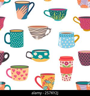 Tazza da caffè con motivo senza cuciture. Tazze da tè alla moda disegnate a mano con ornamenti e fiori. Accogliente caffè con bevande calde in tazze, carta da parati e texture vettoriale. Illustrazione: Caffè e tè senza cuciture. Tazza da caffè con motivo senza cuciture. Tazze da tè alla moda disegnate a mano con ornamenti e fiori. Accogliente caffè con bevande calde in tazze, carta da parati e texture vettoriale Illustrazione Vettoriale