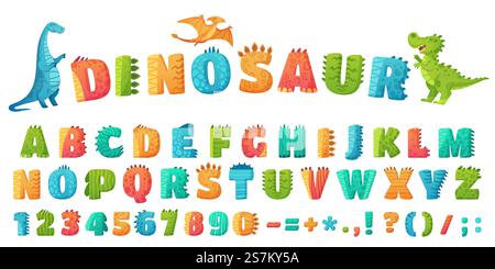 Carattere cartoon Dino. Lettere e numeri dell'alfabeto dei dinosauri, simpatici cartelli delle lettere dei dinos per il set di illustrazioni vettoriali per bambini o asilo nido. Dinosauro alfabetico, tipografia delle lettere per bambini abc. Carattere cartoon Dino. Lettere e numeri dell'alfabeto dei dinosauri, simpatici cartelli delle lettere dei dinos per il set di illustrazioni vettoriali per bambini o asilo nido Illustrazione Vettoriale