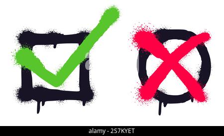 Segni di spunta graffiti con vernice gocciolante. Grunge il segno di spunta verde nella cornice nera quadrata e la croce rossa all'interno del bordo del cerchio isolato su sfondo bianco. Illustrazione vettoriale delle icone approvate e rifiutate. Segni di spunta graffiti con vernice gocciolante. Grunge il segno di spunta verde nel riquadro quadrato e la croce rossa all'interno del bordo del cerchio Illustrazione Vettoriale