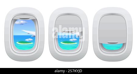 Vista dell'oblò dell'aereo. Vista interna della finestra aperta e chiusa per l'isola nell'oceano. Viaggiare in aereo, andare in vacanza. Ala degli aeroplani con vegetazione e acqua all'esterno. Vista dell'oblò dell'aereo. Vista interna della finestra aperta e chiusa per l'isola nell'oceano. Viaggiare in aereo Illustrazione Vettoriale