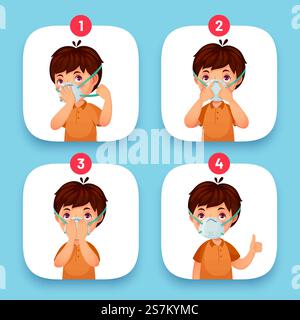 Istruzioni per indossare la maschera. Maschera di protezione istruzioni per il viso corretto ordine passi vestito in maschera medica. Illustrazione vettoriale. Istruzioni per indossare la maschera. Ordine del viso della maschera di protezione Illustrazione Vettoriale
