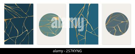 Set di poster kintsugi dorati. Arte giapponese di riparare le ceramiche rotte. Schema vettoriale per stampe domestiche, poster, sfondi. Materiale dorato della tecnica di restauro del kintsugi. Illustrazione Vettoriale