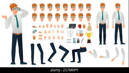 Kit di personaggi per il gestore dei cartoni animati. Office Manager Creation Constructor, diverse viste del corpo, emozioni e gesti facciali. Un uomo d'affari pone dei lavori. Set di icone vettoriali isolate. Kit di personaggi per il gestore dei cartoni animati. Office Manager Creation Constructor, diverse viste del corpo, emozioni del viso e set di vettori gestuali Illustrazione Vettoriale