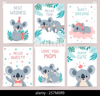 Cartoline per i poster dei koala. Stampe con simpatici koala dormienti. L'orsacchiotto australiano abbraccia la madre. Invito alla festa con animale della giungla, set vettoriale. Festa d'invito con carta illustrativa, koala pigro animale esotico. Poster e carte per Koala. Stampe con simpatici koala dormienti. L'orsacchiotto australiano abbraccia la madre. Invito alla festa con animale della giungla, set vettoriale Illustrazione Vettoriale