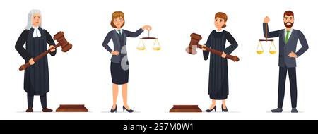 Giudici e avvocati. Giudice che tiene Hammer e avvocato con scale di giustizia. Lavoratori giudiziari, set di illustrazioni vettoriali dei fumetti di legge. Verdetto legale, donna e uomo con martelletto. Personaggi dei lavoratori della corte. Giudici e avvocati. Giudice che tiene Hammer e avvocato con scale di giustizia. Lavoratori giudiziari, set di illustrazioni vettoriali dei fumetti di legge Illustrazione Vettoriale