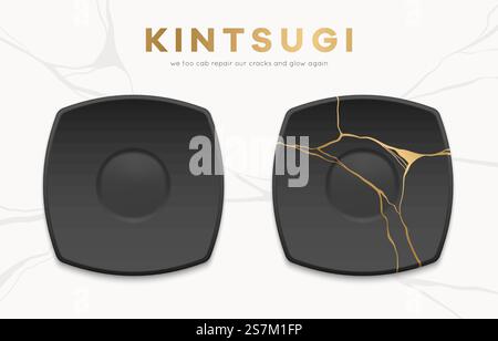 Piastre vettoriali nere intere e rotte con crepe kintsugi dorate. Arte giapponese di riparare le ceramiche rotte. Ripara le nostre crepe e risplende di nuovo. Elementi di decorazione per la casa asiatica. Illustrazione vettoriale Illustrazione Vettoriale