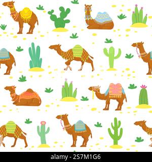 Motivo cammello senza cuciture. Carini cartoni animati cammelli nel deserto tra i cactus. Carta da parati etnica vettoriale egiziana. Motivo cammello africa, illustrazione estiva senza cuciture. Motivo cammello senza cuciture. Carini cartoni animati cammelli nel deserto tra i cactus. Carta da parati etnica vettoriale egiziana Illustrazione Vettoriale