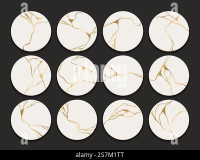 Set di motivi kintsugi dorati circolari. Arte giapponese di riparare le ceramiche rotte. Vettoriale rotto e incrinato per stampe domestiche, poster, sfondi. Materiale dorato della tecnica di restauro del kintsugi. Illustrazione Vettoriale