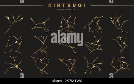 Set di motivi vettoriali kintsugi dorati. Arte giapponese di riparare le ceramiche rotte. Vettoriale rotto e incrinato per stampe domestiche, poster, sfondi. Materiale dorato della tecnica di restauro del kintsugi. Illustrazione Vettoriale