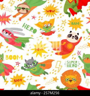 Animali da eroe. Supereroi bambini animali con mantelle e maschere, animali coraggiosi come rana, coniglio, panda e procione, illustrazioni di leoni per tessuti o carta da parati per bambini con motivo vettoriale senza cuciture. Animali da eroe. Supereroi bambini animali con mantelle e maschere, coraggiose illustrazioni animali per tessuti o carta da parati per bambini con motivo vettoriale senza cuciture. Illustrazione Vettoriale