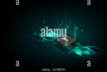 Computer quantistico, elaborazione dati di grandi dimensioni, concetto di database. Banner isometrico CPU. Concetto di CPU dei processori per computer centrali. Processore futuristico microchip a chip digitale Illustrazione Vettoriale