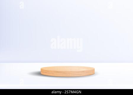 Podio in legno realistico su sfondo bianco neutro. Scenografia minima con piedistallo cilindro vuoto per la presentazione del prodotto. Elegante mockup vettoriale con piattaforma in legno naturale. Podio in legno realistico su sfondo bianco neutro. Scenografia minima con piedistallo cilindro vuoto per la presentazione del prodotto. Elegante mockup vettoriale con piattaforma in legno naturale Illustrazione Vettoriale