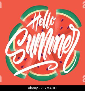 Buongiorno banner estivo. Texture alla moda. La vocazione della stagione, il fine settimana, il logo delle festività. Sfondo dell'ora legale. Buon giorno d'estate. Vettore spaziale del globo. Testo per lettere. Modello moderno e alla moda. Illustrazione Vettoriale