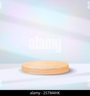 Podio in legno realistico su sfondo pastello iridescente con effetto di sovrapposizione delle ombre. Scenografia minima con piedistallo cilindro vuoto per la presentazione del prodotto. Elegante mockup vettoriale con piattaforma in legno naturale. Podio in legno realistico su sfondo pastello iridescente con effetto di sovrapposizione delle ombre. Scenografia minima con piedistallo cilindro vuoto per la presentazione del prodotto. Elegante mockup vettoriale con piattaforma in legno naturale Illustrazione Vettoriale