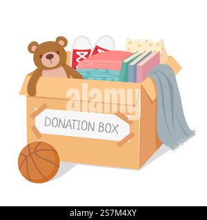Scatola per donazioni. Beneficenza per bambini poveri e senzatetto. Scatola piena di giocattoli, libri e vestiti. Assistenza sociale e concetto di vettore di generosità. Illustrazione beneficenza e donazione, donazione di box volontariato. Scatola per donazioni. Beneficenza per bambini poveri e senzatetto. Scatola piena di giocattoli, libri e vestiti. Assistenza sociale e concetto di vettore di generosità Illustrazione Vettoriale