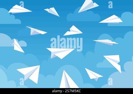 Aerei di carta nel cielo blu. Aeroplani bianchi in nuvole da diverse angolazioni e direzioni. Concetto di lavoro di squadra, messaggio o vettore di viaggio. Raggiungere l'obiettivo, consegnare la posta. Soluzione innovativa. Aerei di carta nel cielo blu. Aeroplani bianchi in nuvole da diverse angolazioni e direzioni. Concetto di lavoro di squadra, messaggio o vettore di viaggio Illustrazione Vettoriale
