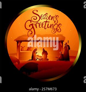 Presepe della Sacra famiglia in stalla a cerchio, cornice per tema natalizio Illustrazione Vettoriale