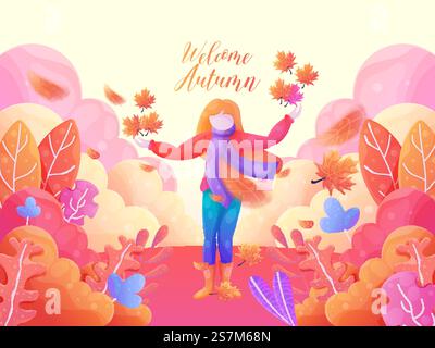 Benvenuto in autunno con foglie di fondo Illustrazione Vettoriale