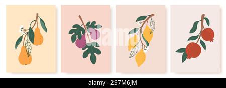 Poster di frutta astratta. Stampe moderne con frutta, foglie e fiori estivi. Rami di limone, pera e fico in un set vettoriale minimalista. Melograno rosso in colori pastello arte contemporanea. Poster di frutta astratta. Stampe moderne con frutta, foglie e fiori estivi. Rami di limone, pera e fico in un set vettoriale minimalista Illustrazione Vettoriale